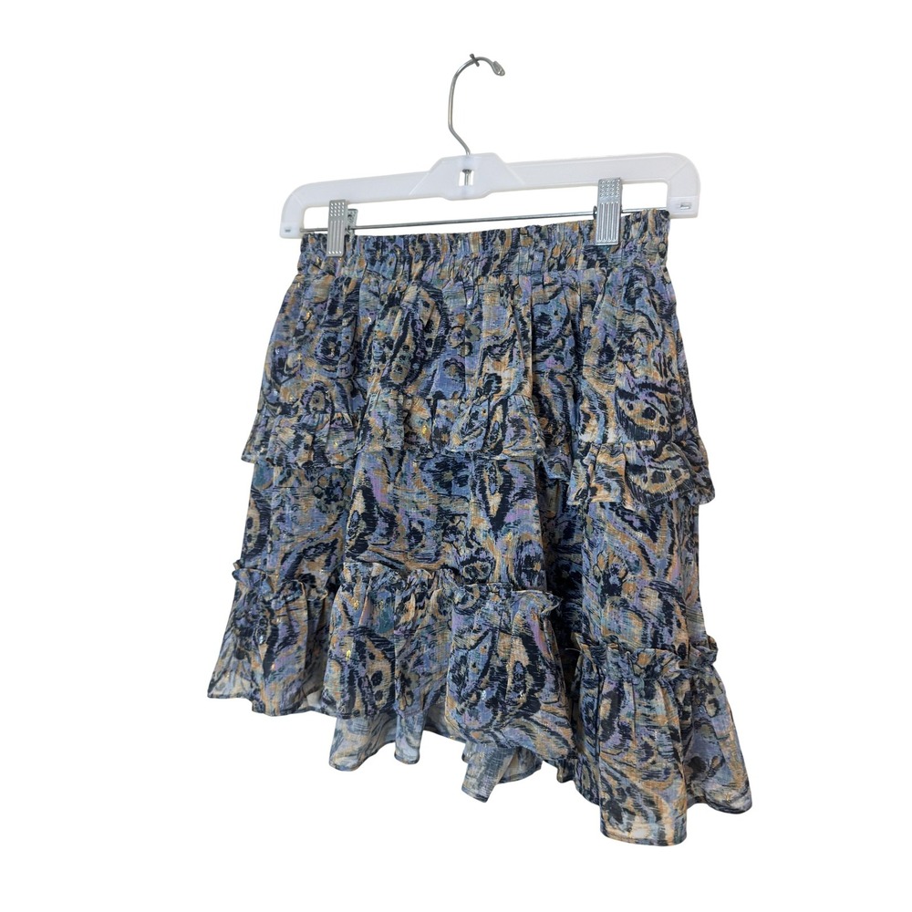 Meet Me In Santorini Skirt Womens Small Blue Geometric Tiered Ruffle Mini Lined